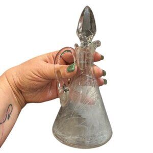 Vintage Hand-Blown Etched Clear Glass Cruet With Stopper